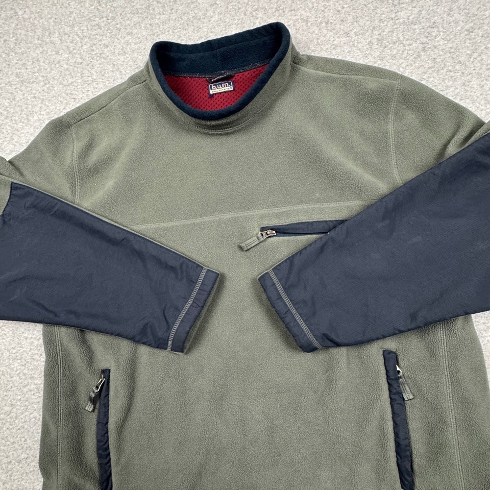 B.U.M. Equipment Essentials Fleece Pullover Olive Green Navy Mock Neck Mens XL